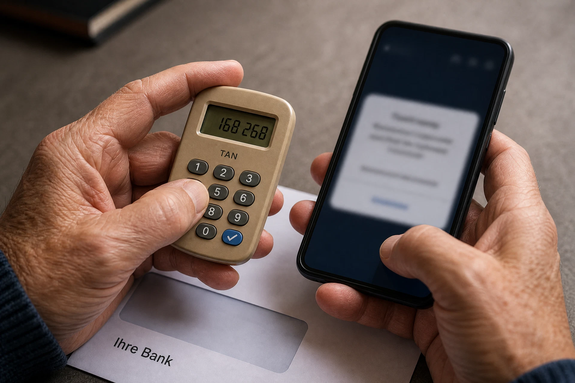 Hände halten TAN-Generator neben einem Smartphone