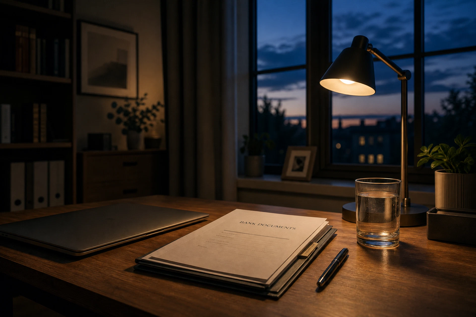 Aufgeräumter Schreibtisch mit Laptop und Bankunterlagen am Abend