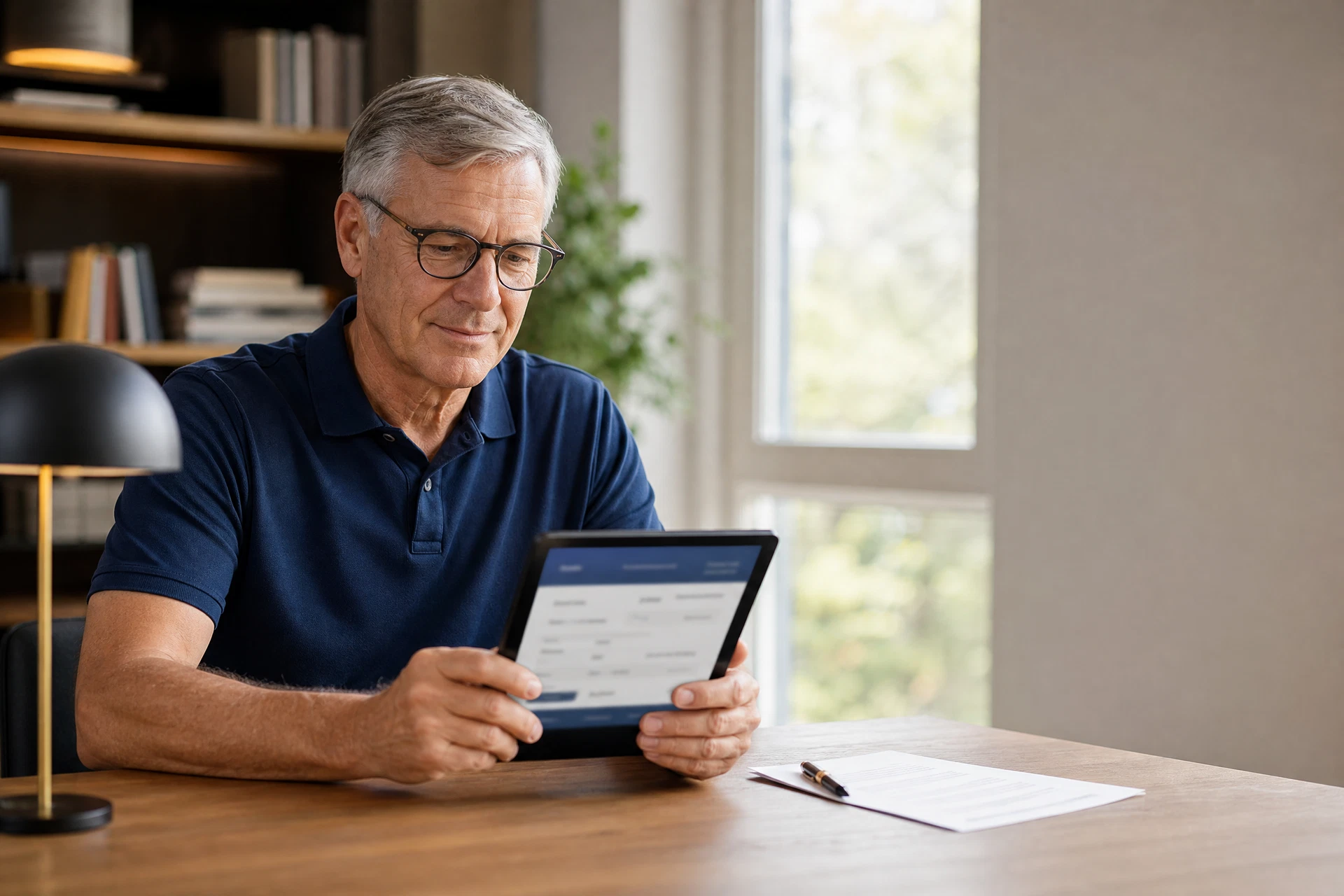 Mann prüft seine Banking-App auf dem Tablet am Schreibtisch